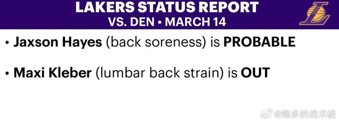 斯玛特与海斯即将复出 湖人迎战掘金迎关键战